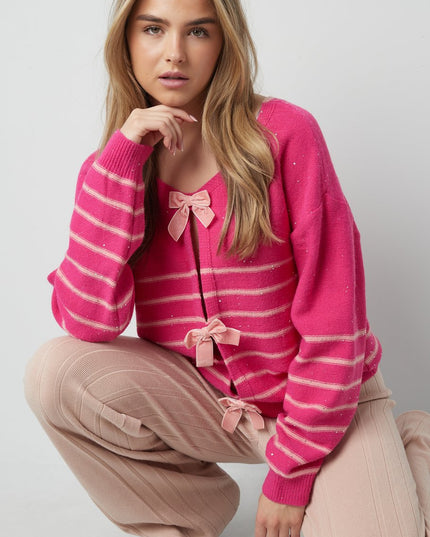 Pullover Glamour Pink Rosa Gestreift mit Schleifen und Pailetten Glitzer