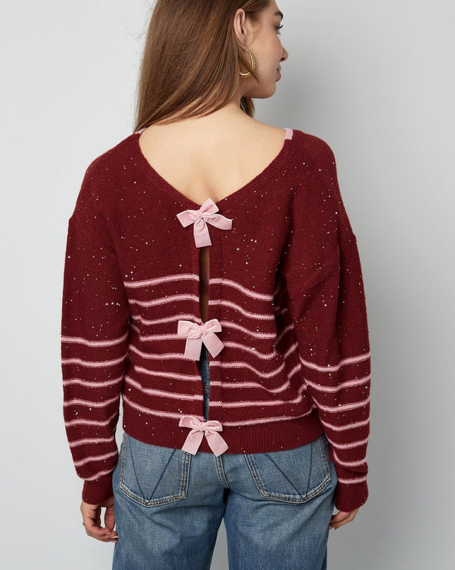 Pullover Glamour Bordeaux Rosa Gestreift mit Schleifen und Pailetten Glitzer