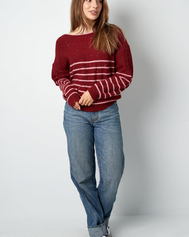 Pullover Glamour Bordeaux Rosa Gestreift mit Schleifen und Pailetten Glitzer