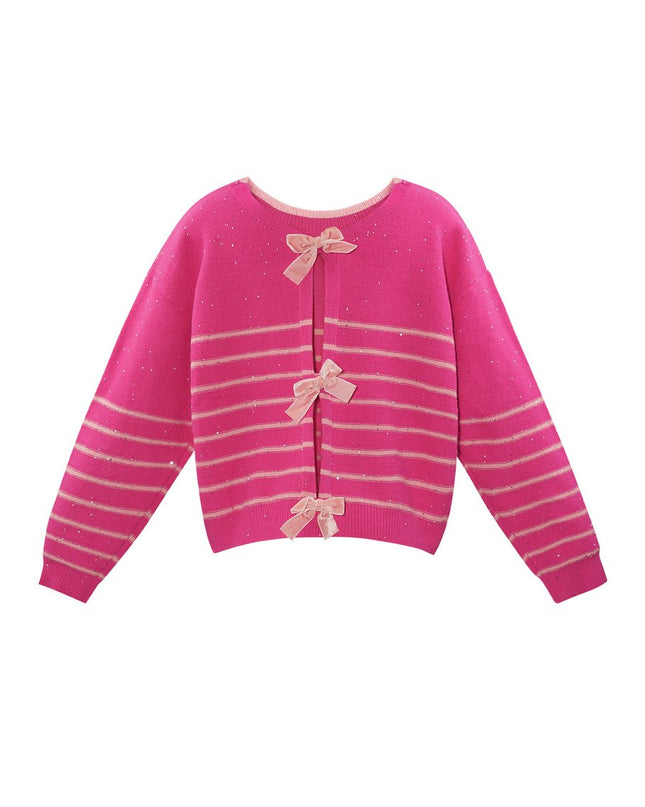 Pullover Glamour Pink Rosa Gestreift mit Schleifen und Pailetten Glitzer