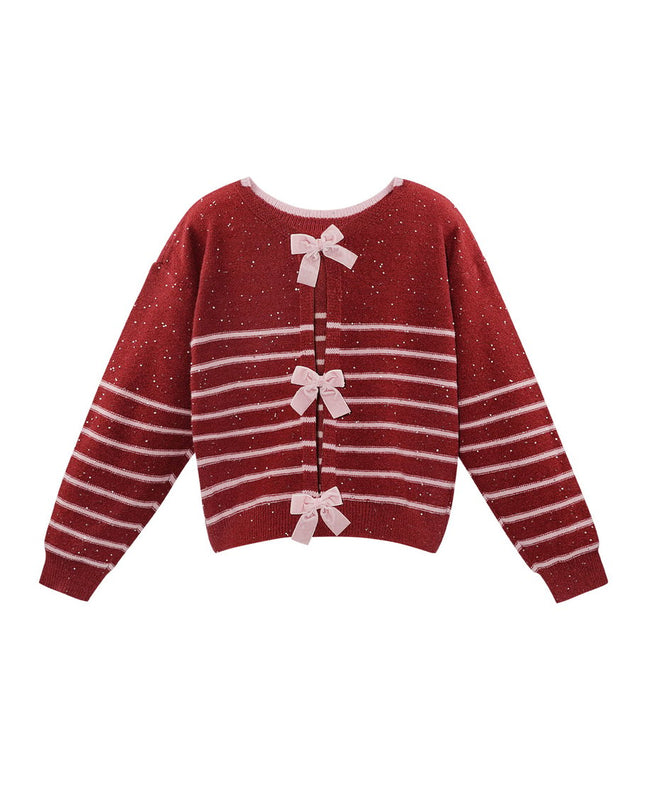 Pullover Glamour Bordeaux Rosa Gestreift mit Schleifen und Pailetten Glitzer