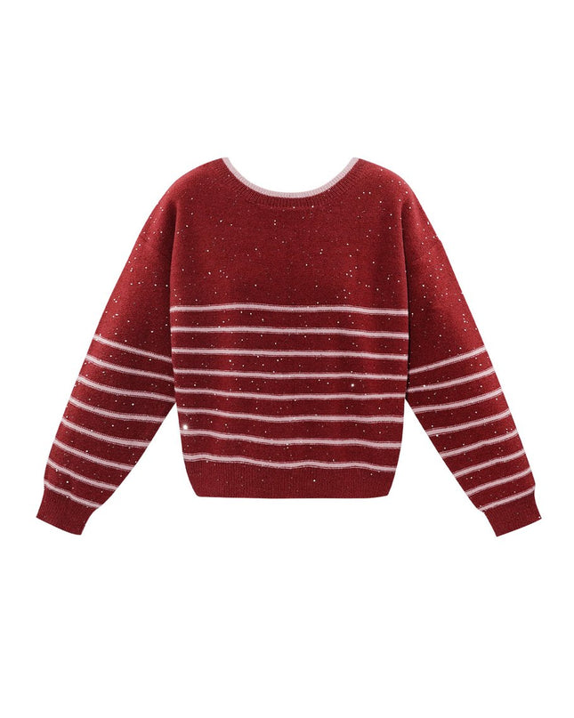 Pullover Glamour Bordeaux Rosa Gestreift mit Schleifen und Pailetten Glitzer