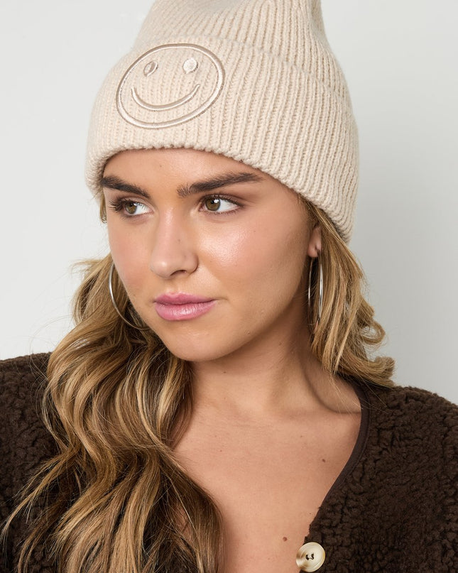 Beanie Mütze Smiley Beige Pink Orange Flieder Lila Kopfbedeckung Herbst Winter
