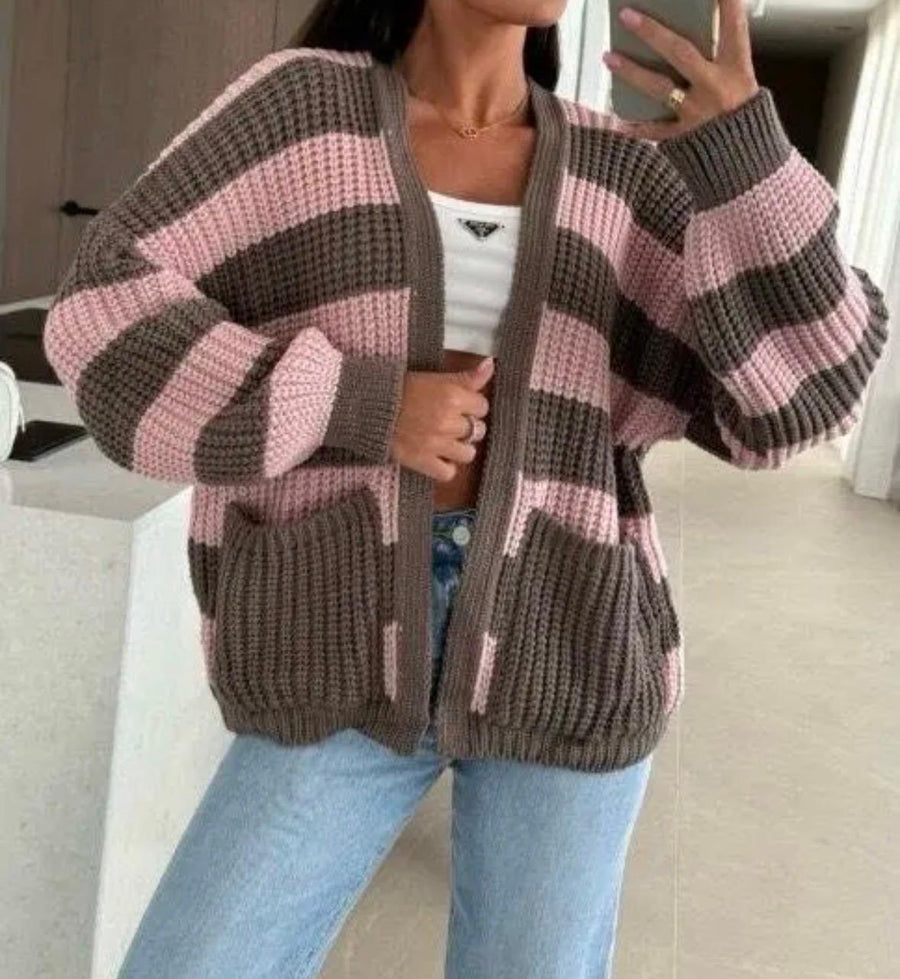 Strick Cardigan gestreift mit Taschen Gelb/Rosa