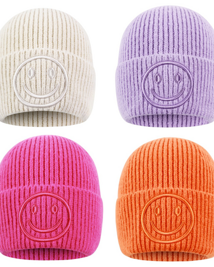 Beanie Mütze Smiley Beige Pink Orange Flieder Lila Kopfbedeckung Herbst Winter