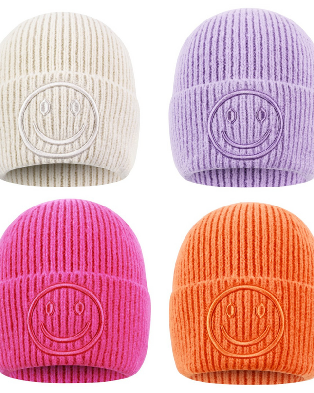 Beanie Mütze Smiley Beige Pink Orange Flieder Lila Kopfbedeckung Herbst Winter