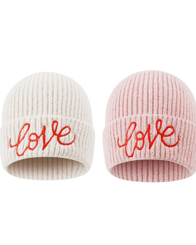 Beanie Mütze Love Liebe Beige Rosa Kopfbedeckung Herbst Winter