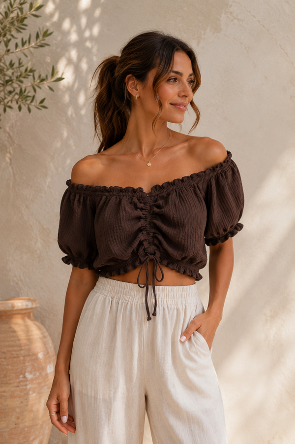 Musselin Off-Shoulder Top Braun