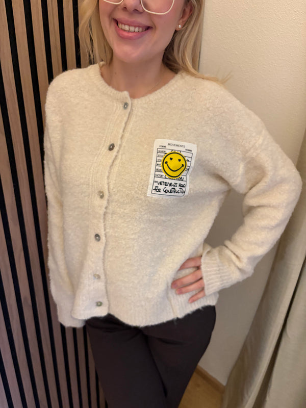 Cardigan Happy Smile Beige Weiß Smiley Applikation