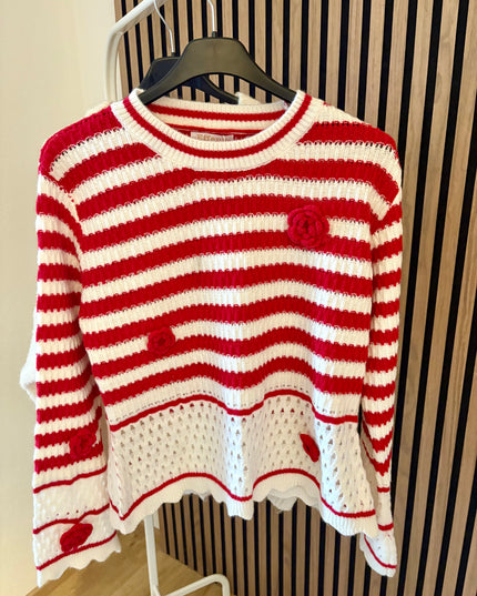 Pullover Rosi Rot Weiß gestreift Blumen Rosen