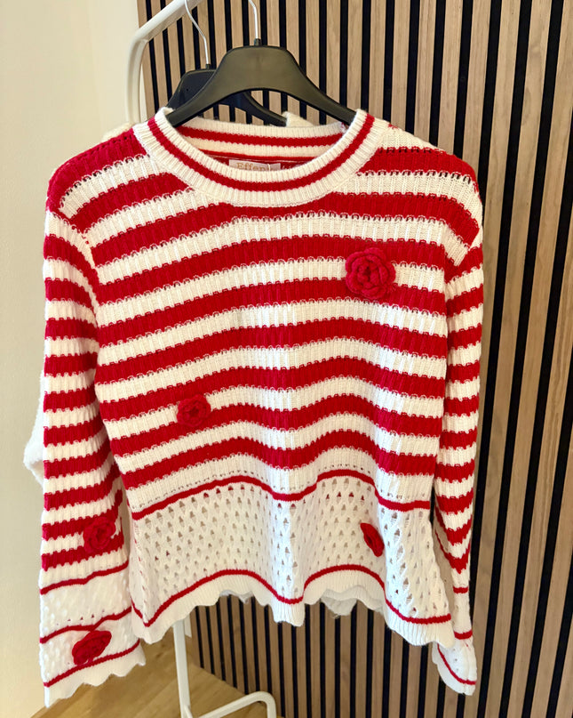 Pullover Rosi Rot Weiß gestreift Blumen Rosen