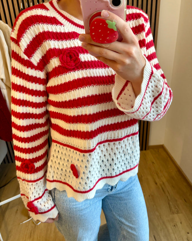 Pullover Rosi Rot Weiß gestreift Blumen Rosen