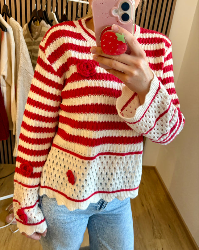 Pullover Rosi Rot Weiß gestreift Blumen Rosen