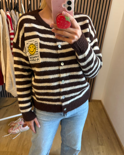 Cardigan Happy Smile Dunkelbrau Weiß gestreift Smiley Applikation