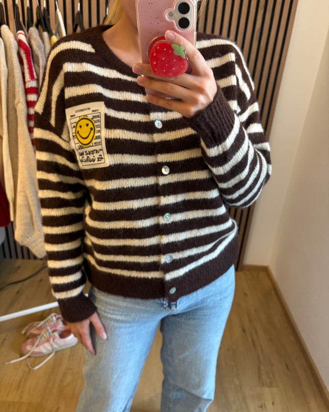 Cardigan Happy Smile Dunkelbrau Weiß gestreift Smiley Applikation