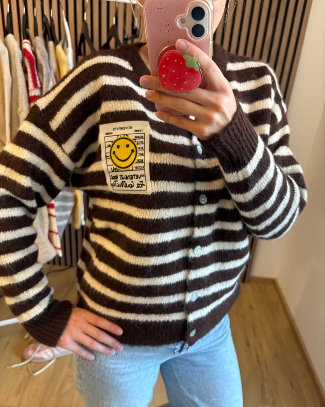 Cardigan Happy Smile Dunkelbrau Weiß gestreift Smiley Applikation