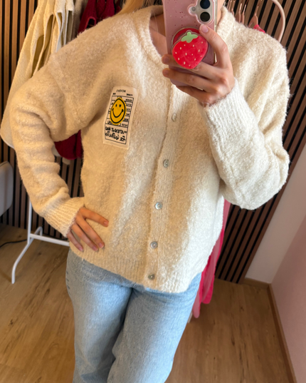 Cardigan Happy Smile Beige Weiß Smiley Applikation