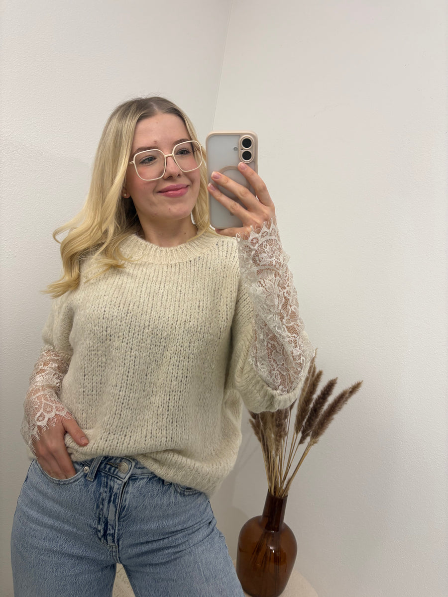 Pullover mit Spitzenärmeln Beige