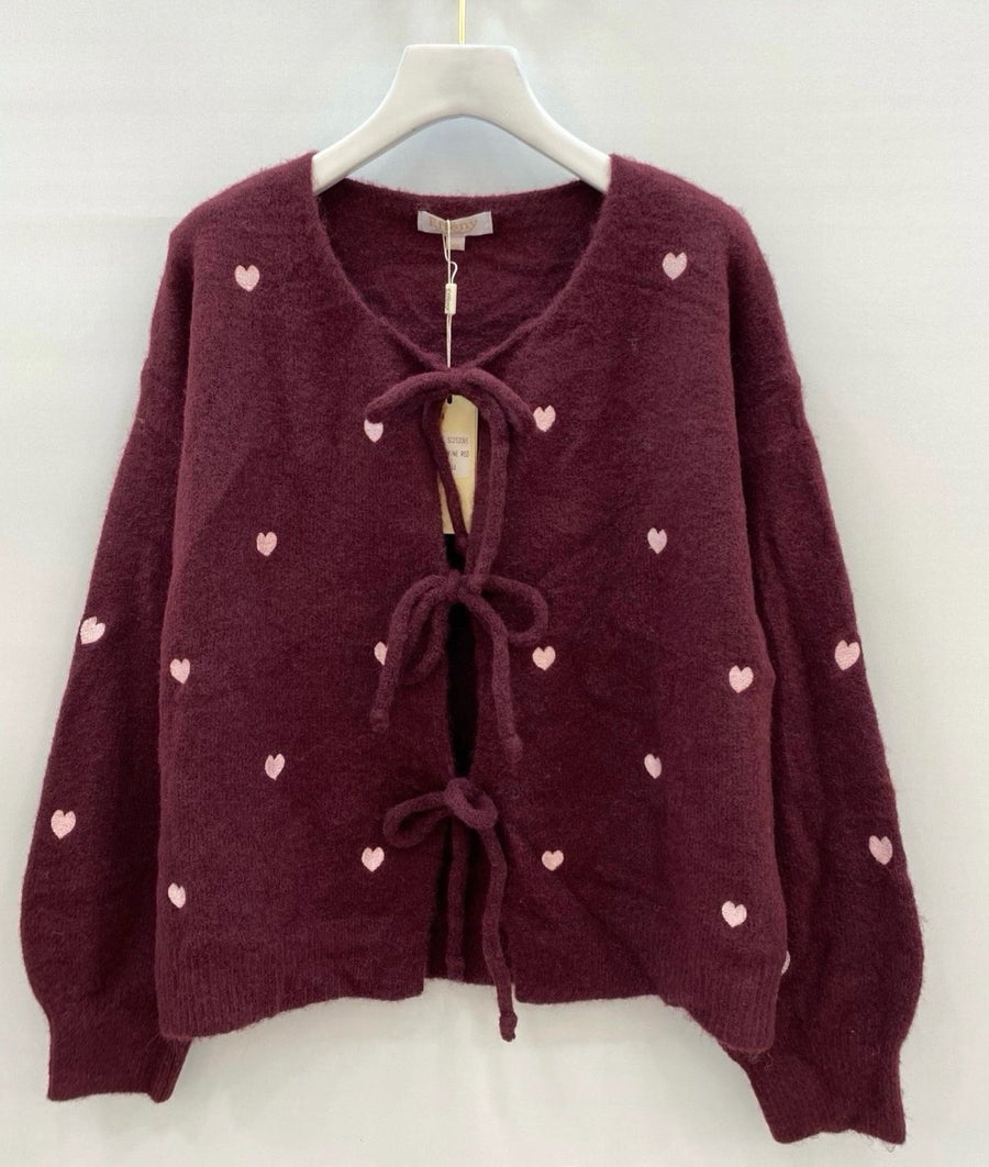 Strickjacke Heart mit Schleifen gestickte Herzen Rot