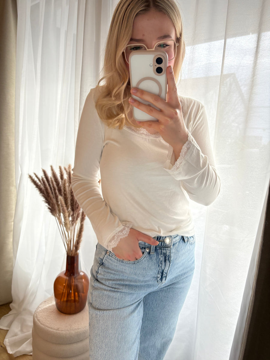 Longsleeve Langarmshirt mit Spitze Ecru Kastenförmiger Ausschnitt