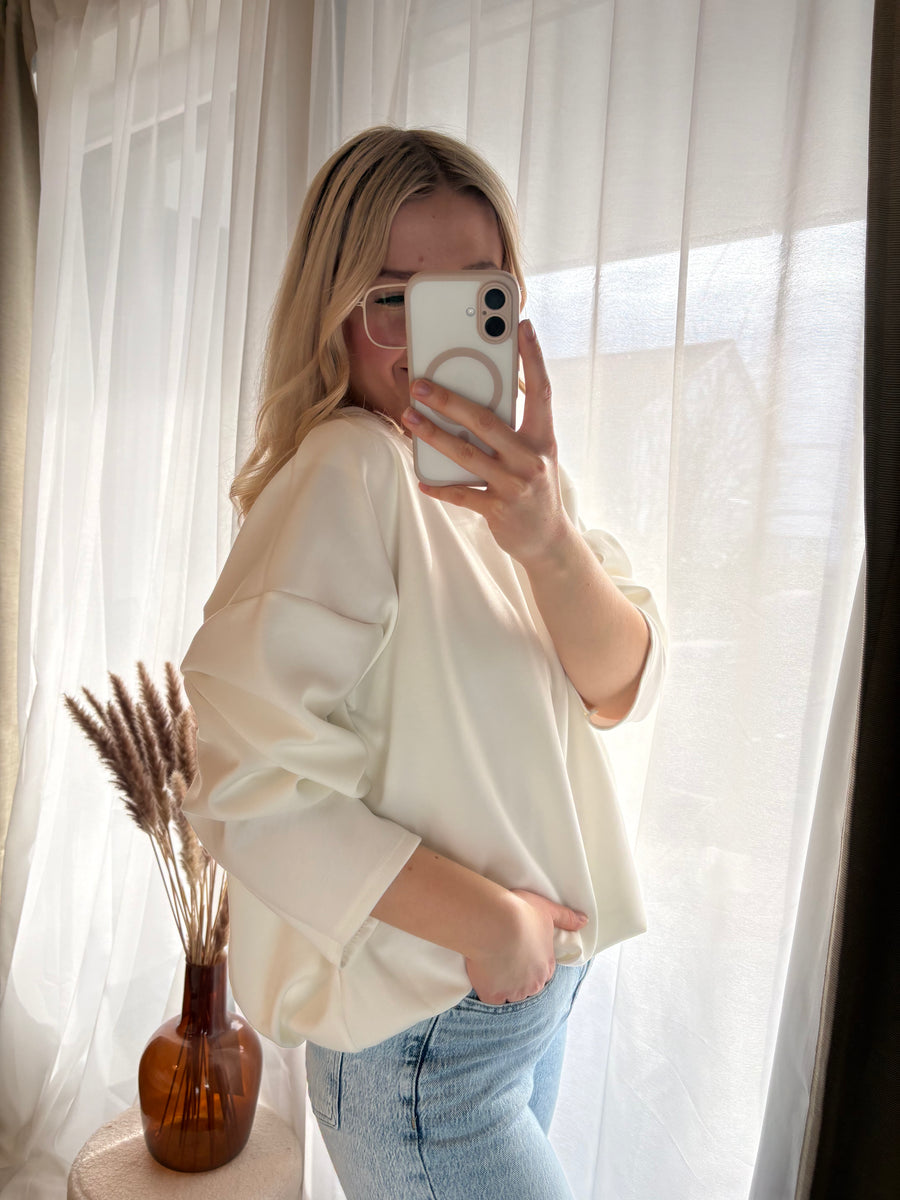 Pullover Sweatshirt Butterstoff Weiß Basic Cropped