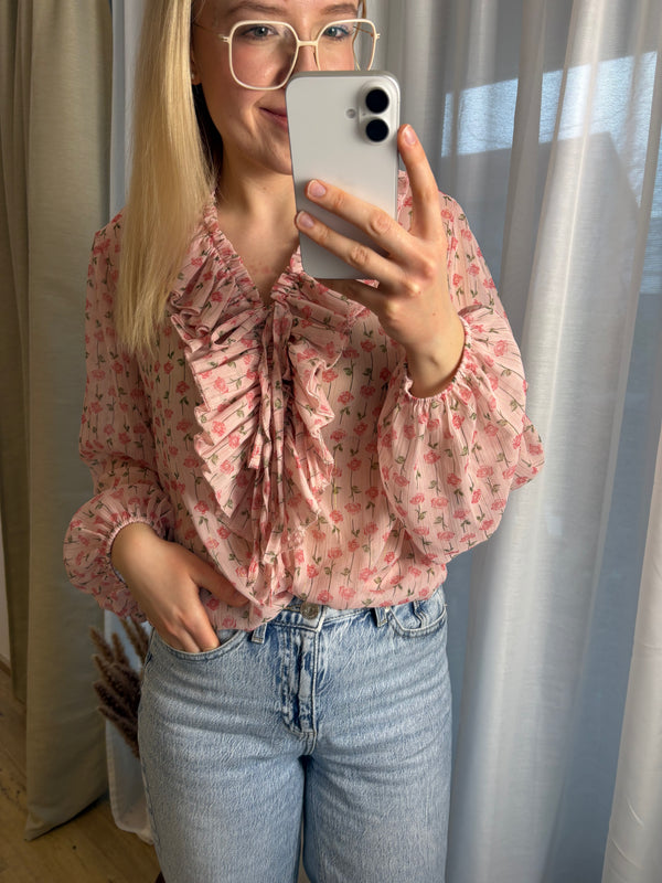 Bluse mit Rosen Glitzer Fäden Rüschen