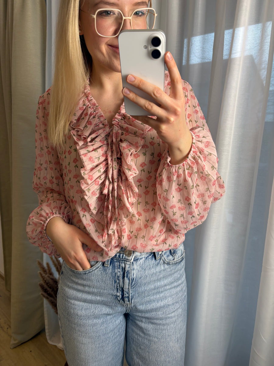 Bluse mit Rosen Glitzer Fäden Rüschen