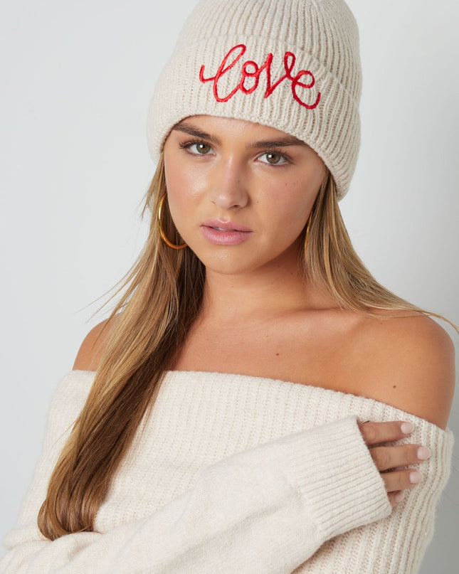 Beanie Mütze Love Liebe Beige Rosa Kopfbedeckung Herbst Winter
