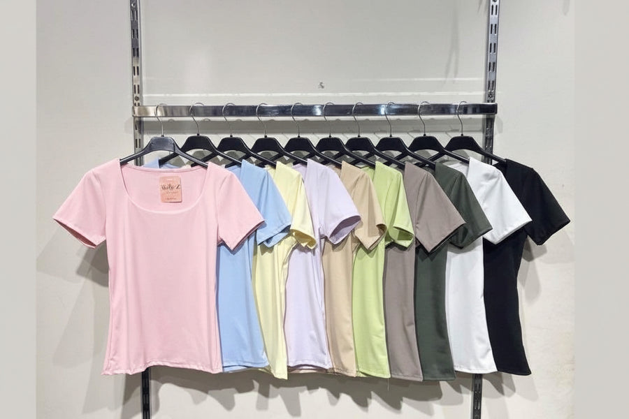 Basic T-Shirt Doppellagig Schwarz/Mint/Rosa/Taupe/Beige/Weiß/Gelb