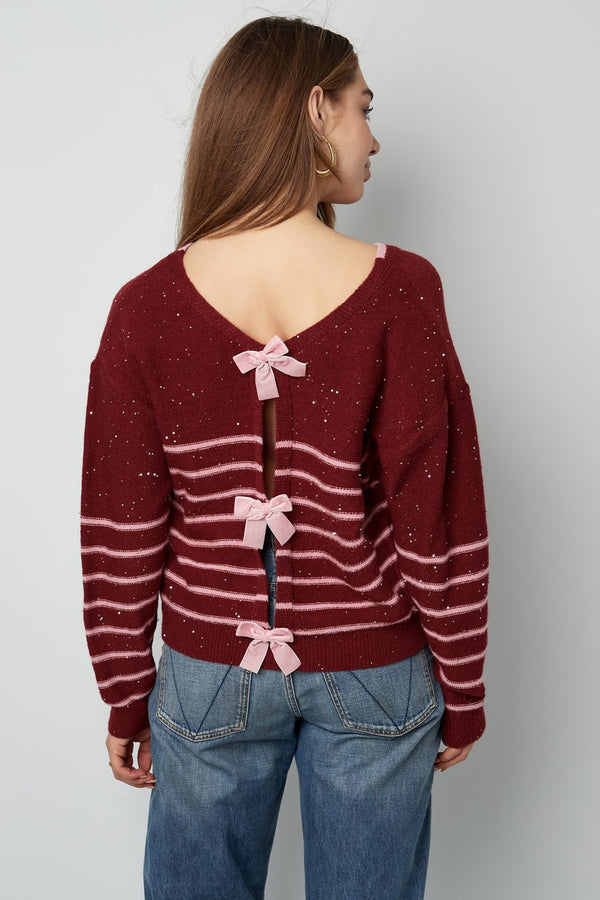 Pullover Glamour Bordeaux Rosa Gestreift mit Schleifen und Pailetten Glitzer