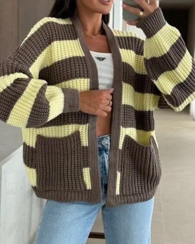 Strick Cardigan gestreift mit Taschen Gelb/Rosa