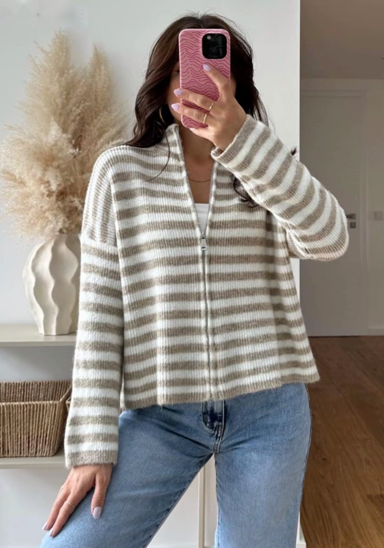 Streifen Strickjacke mit Reißverschluss Grau Weiß