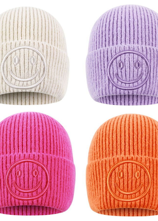 Beanie Mütze Smiley Beige Pink Orange Flieder Lila Kopfbedeckung Herbst Winter