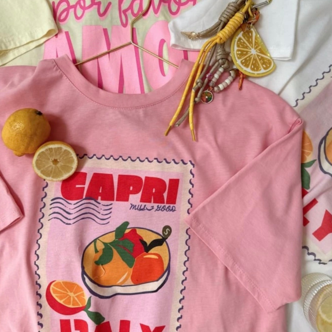 Oversized T-Shirt Capri Rosa Ibiza Statement Einheitsgröße Made in Italy
