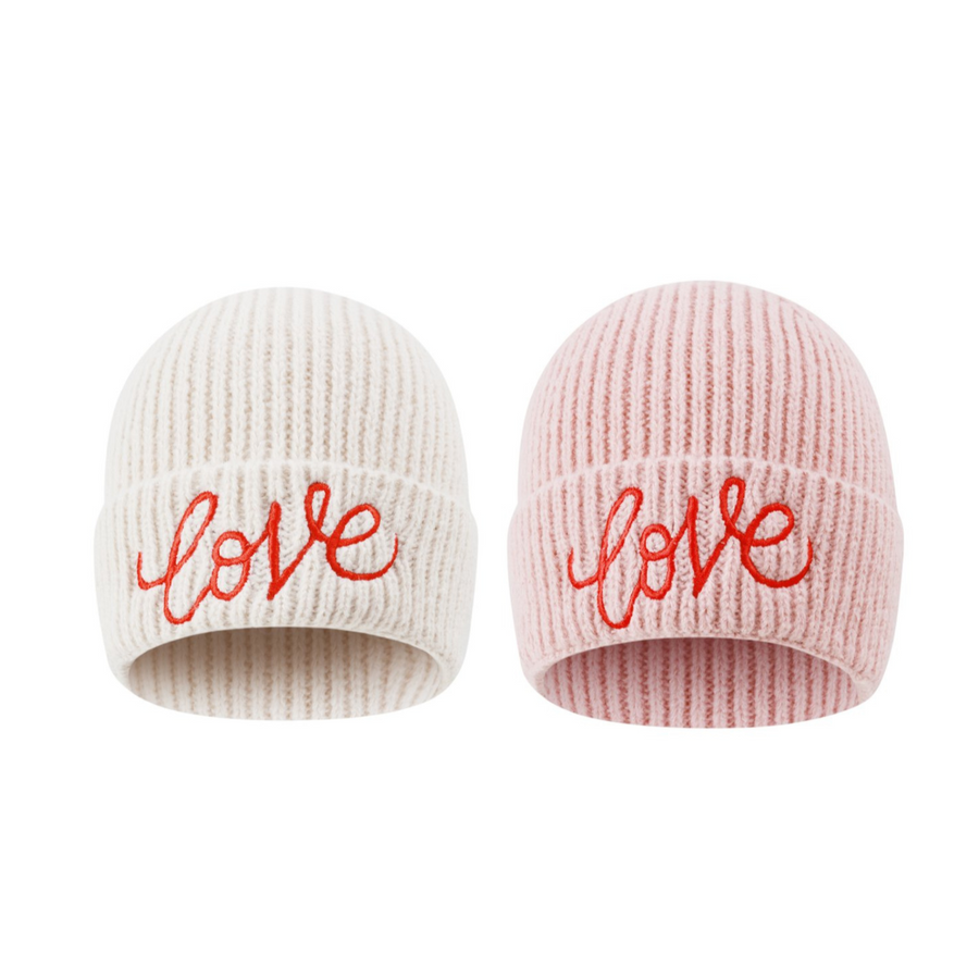 Beanie Mütze Love Liebe Beige Rosa Kopfbedeckung Herbst Winter