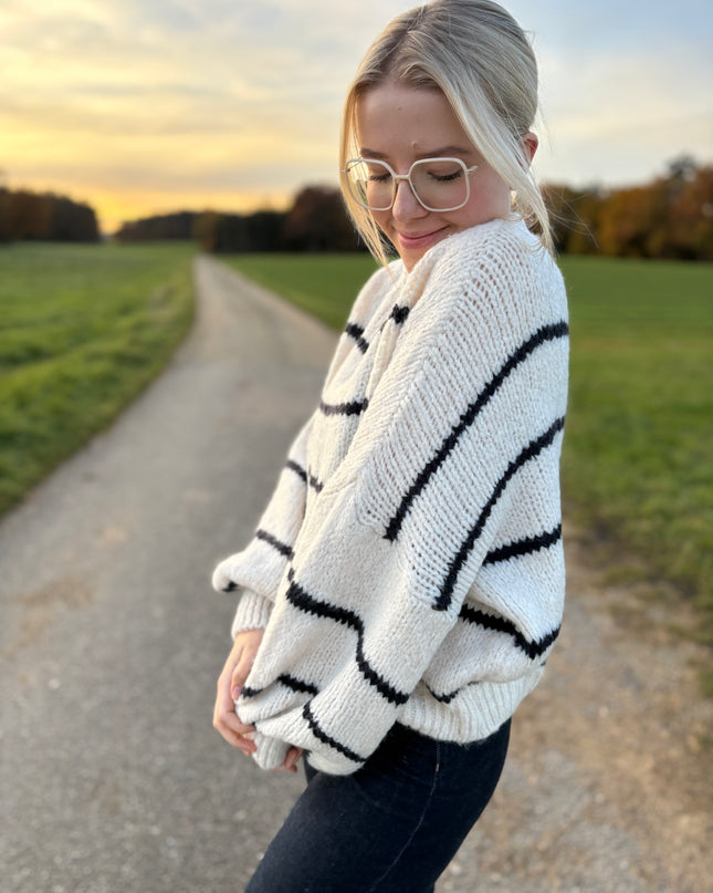 Pullover „Striped“ mit Streifen & Puffärmeln – Schwarz/Dunkelblau-Weiß – Made in Italy