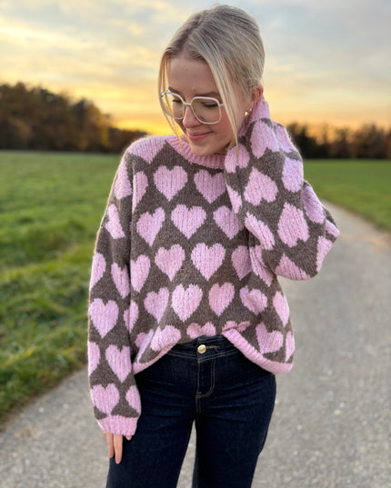 Pullover „Karlotta“ mit Herzmotiv – Grau/Rosa – Made in Italy
