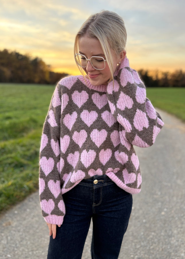 Pullover „Karlotta“ mit Herzmotiv – Grau/Rosa – Made in Italy