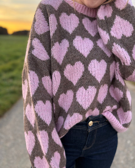 Pullover „Karlotta“ mit Herzmotiv – Grau/Rosa – Made in Italy