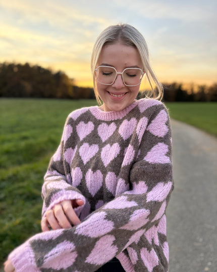 Pullover „Karlotta“ mit Herzmotiv – Grau/Rosa – Made in Italy