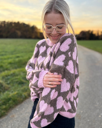 Pullover „Karlotta“ mit Herzmotiv – Grau/Rosa – Made in Italy