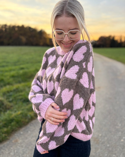 Pullover „Karlotta“ mit Herzmotiv – Grau/Rosa – Made in Italy