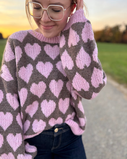Pullover „Karlotta“ mit Herzmotiv – Grau/Rosa – Made in Italy