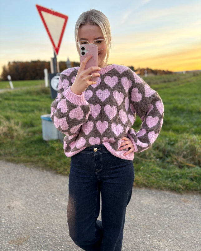Pullover „Karlotta“ mit Herzmotiv – Grau/Rosa – Made in Italy
