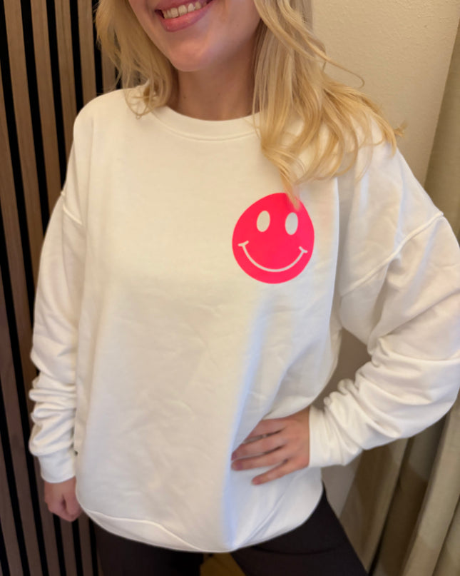 Sweater Good Vibes Smiley Sweatshirt Weiß Neon Backprint