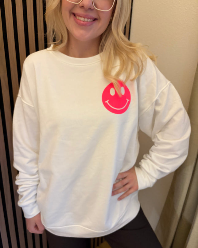 Sweater Good Vibes Smiley Sweatshirt Weiß Neon Backprint