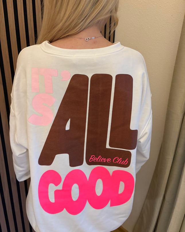 Sweater Good Vibes Smiley Sweatshirt Weiß Neon Backprint