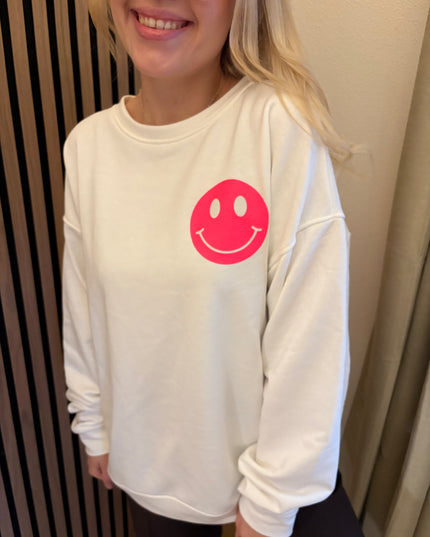 Sweater Good Vibes Smiley Sweatshirt Weiß Neon Backprint