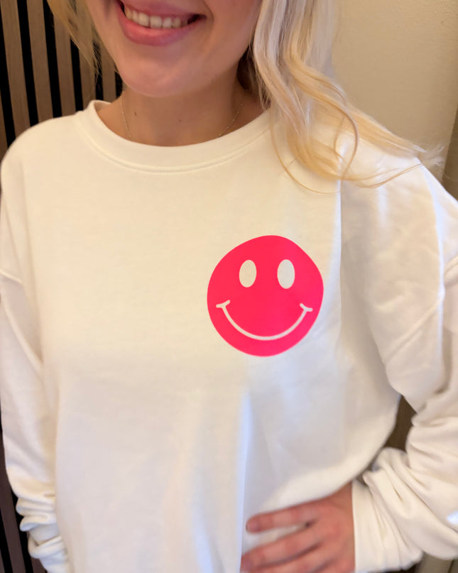 Sweater Good Vibes Smiley Sweatshirt Weiß Neon Backprint