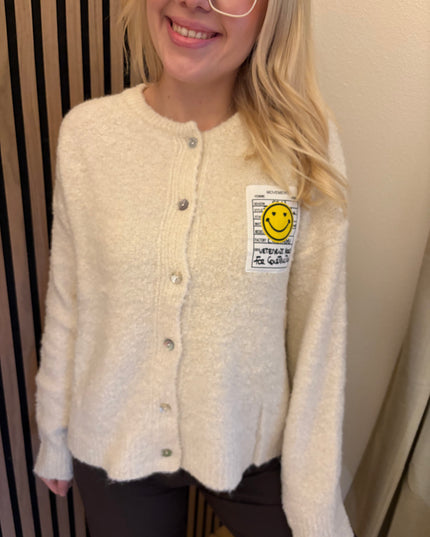 Cardigan Happy Smile Beige Weiß Smiley Applikation